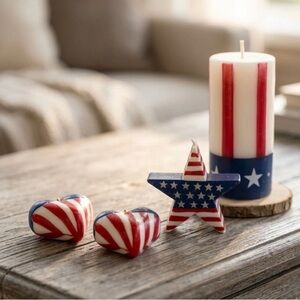 Patriotic Candle Set Red, White, Blue Pillar, Heart & Star Shaped, American Flag